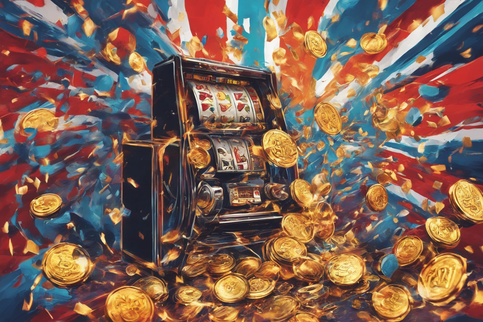 Surrealist illustration of UK slot games with lucky symbols and British flag, capturing the excitement of high RTP slots